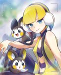  1girl aqua_eyes bare_arms black_choker black_pantyhose blonde_hair blunt_bangs cable choker closed_mouth commentary_request elesa_(pokemon) emolga eyelashes framed haru1suama headphones highres looking_to_the_side pantyhose pokemon pokemon_(creature) pokemon_(game) pokemon_bw short_hair smile 