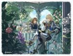  2boys :d aglovale_(granblue_fantasy) arm_rest armchair armor armored_boots black_pants blonde_hair blue_armor blue_scarf boots border brown_eyes brown_hair castle chair cloud crossed_legs cup day eye_contact fading_border faulds flower food foot_out_of_frame gauntlets gazebo gold_trim granblue_fantasy hair_between_eyes hanging_plant holding holding_cup long_hair long_sleeves looking_at_another male_focus multiple_boys pants parted_lips pink_flower pink_rose plant purple_flower red_eyes rose sandwich satuko8 scarf scone shoulder_armor siegfried_(granblue_fantasy) sitting smile sugar_bowl table tablecloth talking tart_(food) teacup teapot teeth tiered_tray tree twitter_username upper_body upper_teeth_only violet_(flower) waist_cape wavy_hair white_armor white_border white_flower white_rose 