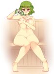  1girl alcohol blush bottle breasts closed_mouth commentary completely_nude covering english_commentary full_body holding holding_bottle kazami_yuuka large_breasts looking_at_viewer navel nude pouring pouring_onto_self red_eyes rtil sitting smile solo touhou 