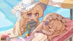  2girls bare_shoulders beach beach_umbrella benghuai_xueyuan blanket blonde_hair blue_eyes blue_sky braid bucket character_request chibi closed_eyes closed_mouth cloud copyright_name day eta feet_out_of_frame hands_up hat highres holding honkai_(series) horizon long_hair lying multiple_girls ocean on_side one-piece_swimsuit outdoors purple_one-piece_swimsuit sand see-through single_braid sky starfish straw_hat sunlight swimsuit umbrella unmoving_pattern very_long_hair white_headwear wrist_cuffs 