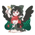  2girls :3 :d animal animal_ear_fluff animal_ears arm_up bare_legs barefoot bird_wings black_hair black_pantyhose black_wings blunt_bangs bow braid cape cat_ears closed_eyes commentary_request dress drooling fish food fork green_bow green_cape green_dress hair_bow hair_ribbon holding holding_animal holding_fish holding_fork kaenbyou_rin kneeling long_hair long_sleeves mouth_drool multiple_girls open_mouth pancake pantyhose puffy_short_sleeves puffy_sleeves red_eyes red_hair reiuji_utsuho ribbon rn_(sbr2933090) saliva saliva_on_head short_sleeves simple_background sitting smile touhou tress_ribbon twin_braids wariza white_background white_cape wings 