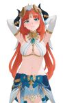  1girl absurdres aqua_eyes blue_eyes blush breasts cleavage fake_horns gem genshin_impact highres honey_boba horns jewelry long_hair midriff navel nilou_(genshin_impact) red_hair skirt smile solo stomach thighhighs twintails 