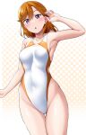  1girl :o arm_up armpits bare_arms bare_legs blush breasts collarbone commentary_request competition_swimsuit hair_between_eyes highres long_hair looking_at_viewer love_live! love_live!_superstar!! one-piece_swimsuit open_mouth orange_hair polka_dot polka_dot_background purple_eyes shibuya_kanon small_breasts solo swimsuit two-tone_swimsuit yopparai_oni 