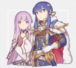  1boy 1girl blue_eyes blue_hair book brother_and_sister cape circlet dress fire_emblem fire_emblem:_genealogy_of_the_holy_war fur_trim haconeri hand_on_weapon headband holding holding_book julia_(fire_emblem) long_hair looking_at_viewer ponytail purple_eyes purple_hair seliph_(fire_emblem) siblings simple_background sword tyrfing_(fire_emblem) weapon white_headband 
