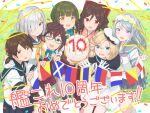  6+girls anniversary birthday_cake black_hair blonde_hair blue_eyes blue_sailor_collar blue_skirt blunt_bangs bow brown_hair cake colored_inner_hair commentary_request copyright_name dress drill_hair food glasses gloves green_hair grey_hair grey_sailor_collar grey_skirt hair_bow hamakaze_(kancolle) harukaze_(kancolle) hat hayashi_naoharu highres janus_(kancolle) japanese_clothes kantai_collection kimono low_twintails meiji_schoolgirl_uniform multicolored_hair multiple_girls naval_flag neckerchief okinami_(kancolle) okinami_kai_ni_(kancolle) orange_eyes parted_bangs pink_hair pink_kimono purple_eyes red_bow red_eyes sagiri_(kancolle) sailor_collar sailor_dress sailor_hat school_uniform serafuku shirayuki_(kancolle) short_hair short_sleeves skirt takanami_(kancolle) twin_drills twintails white_dress white_gloves white_headwear yellow_neckerchief 