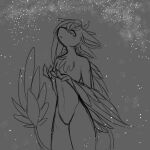  anthro avali drawing feathers greyscale harbalarm_(character) hi_res looking_up male monochrome sky solo sparkleshroom standing star starry_sky tail 