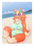  &lt;3 absurd_res animal_crossing anthro audie_(animal_crossing) beach biped blonde_hair blue_eyes blush border canid canine canis clothing detailed_background dipstick_tail eyewear eyewear_on_head female fur glasses glasses_on_head hair hi_res light looking_at_viewer mammal markings nintendo nipple_outline orange_body orange_fur seaside shiryujack08 sitting sitting_on_ground solo sunlight tail tail_markings white_border wolf 