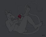  4_toes anthro balls barefoot big_balls claws crimetxt crossed_legs didelphid ear_piercing ear_ring fangs feet fylk genitals hi_res looking_at_viewer lying male mammal marsupial notched_ear nude on_back piercing ring_piercing rose_(disambiguation) seductive smile soles solo teeth toe_claws toes 
