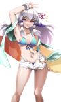  1girl :o alternate_costume armpits artist_name bikini blue_bikini blush breasts burnt_green_tea collarbone commentary english_commentary fire_emblem fire_emblem:_three_houses floating_hair hair_between_eyes hair_ribbon highres holding holding_surfboard jewelry long_hair looking_at_viewer lysithea_von_ordelia navel necklace pink_eyes pink_ribbon ribbon short_shorts shorts simple_background small_breasts solo stomach surfboard swimsuit v wet white_background white_hair white_shorts 