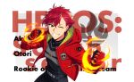  1boy bad_source belt clenched_hands ear_piercing fingerless_gloves gloves green_eyes hair_between_eyes happy_elements helios_rising_heroes highres hood hood_down jacket male_focus official_art open_clothes open_jacket open_mouth otori_akira piercing red_hair red_jacket sleeves_past_elbows smile solo teeth third-party_source 