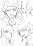  1girl 2boys :d :o ahoge blunt_bangs danganronpa:_trigger_happy_havoc danganronpa_(series) earrings facial_hair goatee greyscale highres hood hoodie jacket jewelry karen_(karenendo) kirigiri_kyoko kuwata_leon long_hair monochrome monokuma multiple_boys naegi_makoto necktie portrait short_hair smile spiked_hair teeth upper_teeth_only 