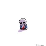  0725akaba 1boy black_shorts blue_jacket bottle chibi grin highres holding holding_bottle hood hood_down hooded_jacket jacket ketchup_bottle kneeling open_clothes open_jacket sans shadow shirt shorts simple_background skeleton smile solo teardrop twitter_username undertale white_background white_shirt 