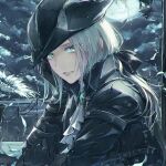  1girl aqua_eyes black_cloak black_gloves bloodborne bow cloak cloud cloudy_sky fuunyon gloves hair_bow hat highres jewelry lady_maria_of_the_astral_clocktower long_hair looking_at_viewer moon night parted_lips pendant sky solo tricorne white_hair 