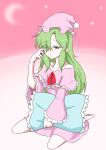  1girl absurdres barefoot burijittou capelet green_eyes green_hair hair_between_eyes hair_over_one_eye hat highres kazami_yuuka kazami_yuuka_(pc-98) long_hair long_sleeves nightcap pajamas pillow pink_capelet pink_headwear pink_pajamas pom_pom_(clothes) rubbing_eyes sitting sleepy solo touhou very_long_hair wariza wide_sleeves 