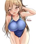  1girl black_one-piece_swimsuit blonde_hair blue_one-piece_swimsuit blush braid breasts brown_eyes competition_swimsuit covered_navel dated french_braid hair_between_eyes highres impossible_clothes impossible_swimsuit kantai_collection large_breasts long_hair looking_at_viewer montemasa multicolored_clothes multicolored_swimsuit one-hour_drawing_challenge one-piece_swimsuit open_mouth simple_background smile solo swimsuit twitter_username two-tone_swimsuit wavy_hair white_background zara_(kancolle) 