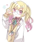  1girl adjusting_eyewear aqua_ribbon bell bespectacled blonde_hair charm_(object) closed_mouth collared_shirt commentary double-parted_bangs get_over_it._(project_sekai) glasses gradient_hair grey-framed_eyewear hair_ornament hairclip id_card jingle_bell long_hair long_sleeves looking_at_viewer multicolored_hair neck_ribbon official_alternate_costume open_collar open_labcoat pentagram pink_eyes pink_hair pink_stripes project_sekai purple_shirt ribbon robot round_eyewear shirt sidelocks simple_background smile solo star_(symbol) striped tenma_saki tsuchiyoko_(hamu_prsk) upper_body v-neck wavy_hair white_background 
