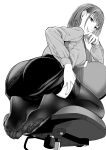  1girl absurdres ass bob_cut breasts chair earrings feet fine_fabric_emphasis foot_focus from_behind full_body greyscale hand_on_own_thigh hand_up highres jewelry kyuuso_inukami long_sleeves looking_at_viewer looking_back medium_breasts medium_hair miniskirt monochrome name_tag office_chair office_lady on_chair original parted_lips seiza simple_background sitting skirt soles solo stud_earrings swivel_chair thighhighs thighs toes zettai_ryouiki 