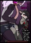  american_opossum anthro bent_over black_body black_hair black_scales blue_eyes blush bottomwear breasts bulge butt clothed clothing crea_(lotusgoatess) curved_horn demon duo ear_piercing female grinding hair hi_res horn hotpants inner_ear_fluff male male/female mammal marsupial narrowed_eyes obsidian_(lotusgoatess) piercing psychorodent reptile scales scalie shirt shorts side_view smile tail tail_grab tank_top tattoo teasing topwear tuft underwear white_hair 