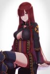  1girl alternate_costume breasts cleavage fate/grand_order fate_(series) highres long_hair oda_nobunaga_(fate) oda_nobunaga_(maou_avenger)_(fate) okita_souji_(fate) okita_souji_alter_(fate) red_eyes red_hair simple_background sitting smile solo very_long_hair white_background yzrh0 