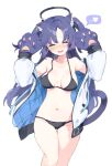  animal_ears animal_hands bikini black_bikini blue_archive blush breasts cat_ears cat_girl cat_tail closed_eyes gloves halo highres jacket long_hair medium_breasts meunhongcha navel open_clothes open_jacket open_mouth paw_gloves purple_hair simple_background smile swimsuit tail white_background yuuka_(blue_archive) 
