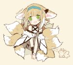  1girl :d animal_ears arknights bare_shoulders blonde_hair blue_hairband blush braid braided_hair_rings character_name clothing_cutout colored_tips commentary cropped_torso fox_ears fox_girl fox_tail green_eyes hair_rings hairband infection_monitor_(arknights) kitsune kyuubi looking_at_viewer melanbread multicolored_hair multiple_tails open_mouth oripathy_lesion_(arknights) short_hair shoulder_cutout smile solo suzuran_(arknights) tail twin_braids two-tone_hair white_hair 