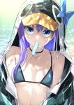  1girl animal_hood bare_shoulders beach bikini black_bikini black_jacket blue_bow blue_eyes bow breasts choker collarbone fate/grand_order fate_(series) food highres hood hood_up jacket kino_kokko long_hair long_sleeves looking_at_viewer meltryllis_(fate) meltryllis_(swimsuit_lancer)_(fate) meltryllis_(swimsuit_lancer)_(first_ascension)_(fate) mouth_hold penguin_hood popsicle purple_hair shore small_breasts solo swimsuit very_long_hair wet 