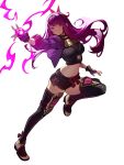  1girl absurdres alternate_costume black_shirt black_shorts black_thighhighs breasts commentary commission cosplay crop_top distr fingerless_gloves fire_emblem fire_emblem_engage full_body genshin_impact gloves highres ivy_(fire_emblem) jacket kuki_shinobu kuki_shinobu_(cosplay) long_hair long_sleeves medium_breasts midriff navel purple_eyes purple_gloves purple_hair purple_jacket shirt short_shorts shorts solo stomach thighhighs thighs 