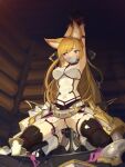  animal_ears armor armpits arms_behind_head arms_up backless_outfit bare_shoulders bdsm black_gloves black_thighhighs blonde_hair bondage boots bound braid cad_(caddo) choker erune faulds fox_ears french_braid gag gloves granblue_fantasy high_heel_boots high_heels highres improvised_gag long_hair looking_to_the_side no_panties object_insertion purple_eyes pussy remote_control_vibrator restrained rope sex_toy shibari shirt squatting tape tape_gag thighhighs vaginal vaginal_object_insertion vibrator vibrator_cord white_shirt yuisis_(granblue_fantasy) 