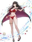  1girl anklet bikini black_cape black_eyes black_footwear black_hair blunt_bangs breasts cape circlet cleavage commentary_request fire_emblem fire_emblem_awakening fire_emblem_heroes floating_hair full_body gold_trim highres hydrokinesis jewelry large_breasts lips long_hair looking_at_viewer navel official_alternate_costume parted_lips pink_lips red_bikini red_cape red_nails sandals solo stomach straight_hair swimsuit tharja_(fire_emblem) tharja_(summer)_(fire_emblem) toenails toes tori_art07 twitter_username two-tone_cape water white_background 
