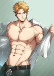  1boy abs absurdres artist_name bara bare_pectorals belt black_belt blonde_hair blue_eyes collared_shirt green_pants highres kuroshinki large_pectorals looking_to_the_side male_focus muscular muscular_male navel nipples open_belt pants pectorals shirt short_hair smile solo spy_x_family twilight_(spy_x_family) twitter_username white_shirt 