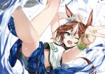  1girl absurdres animal_ears bamboo_memory_(ultra_marine)_(umamusume) bamboo_memory_(umamusume) blue_eyes blurry blurry_foreground brown_hair clothes_around_waist cutoffs feet_out_of_frame highres horse_ears horse_girl horse_tail iris_league jewelry midriff multicolored_hair multicolored_nails necklace one_eye_closed open_mouth outstretched_arm reaching reaching_towards_viewer shirt short_shorts shorts smile solo streaked_hair tail tank_top umamusume v water white_shirt wristband 