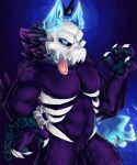  anthro black_body black_fur blue_eyes canid canine canis crown digital_media_(artwork) fur headgear hi_res imppyboo lich male mammal mask nude papi_the_lich_king purple_body skeletal skull_mask tongue tongue_out undead vtuber wolf 