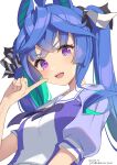  1girl :d animal_ears blue_bow blue_hair blue_shirt blush bow breasts commentary_request hand_up highres hirota_fruit horse_ears long_hair looking_at_viewer puffy_short_sleeves puffy_sleeves purple_eyes ringed_eyes sharp_teeth shirt short_sleeves signature simple_background small_breasts smile solo teeth twin_turbo_(umamusume) twintails twitter_username umamusume upper_body white_background 