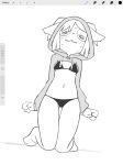 absurd_res anthro bikini blush blush_lines bodily_fluids breasts butt_from_the_front clothed clothing crazy_eyes curvy_figure embarrassed female fist hi_res hoodie hourglass_figure kneeling navel rolo_stuff skimpy small_breasts solo sweat swimwear topwear unknown_species 