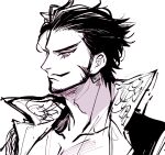  1boy black_hair coat dracule_mihawk expressionless facial_hair highres looking_to_the_side male_focus mature_male monochrome mustache one_piece profile short_hair simple_background sketch solo upper_body white_background yamada_3 