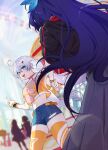  2girls absurdres back blue_eyes blurry blurry_background bow bracelet contemporary couple crop_top earrings hair_between_eyes hair_bow hair_ornament hairclip happy highres holding holding_hands honkai_(series) honkai_impact_3rd jacket jewelry kiana_kaslana lexingrakukouu long_hair looking_at_another looking_back multiple_girls open_mouth outdoors pointing ponytail purple_hair raiden_mei shorts thighhighs torn_clothes torn_shorts twintails white_hair yuri 