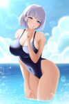  1girl black_one-piece_swimsuit breasts cleavage cloud covered_navel cowboy_shot finger_to_mouth girls&#039;_frontline grey_hair hand_on_own_leg highleg highleg_swimsuit highres large_breasts looking_at_viewer one-piece_swimsuit parted_lips purple_eyes rpk-16_(girls&#039;_frontline) short_hair shushing sky solo sun swimsuit water yan_kodiac 