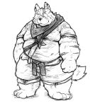  2023 anthro belly big_belly bottomwear canid canine canis clothing domestic_dog hi_res humanoid_hands kemono male mammal overweight overweight_male scar shirt shorts simple_background solo suishou0602 topwear 