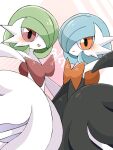  1girl alternate_color arm_up black_dress black_gloves blue_hair blush bob_cut closed_mouth colored_skin commentary dated dress elbow_gloves flat_chest gardevoir gardevoir_day gloves green_hair hair_over_one_eye happy highres jpeg_artifacts looking_at_viewer mega_gardevoir mega_pokemon one_eye_covered open_mouth orange_eyes outstretched_arm pink_background pokemon pokemon_(creature) red_eyes shiny_and_normal shiny_pokemon short_hair smile solo standing strapless strapless_dress suzu_(pixiv_32232702) symmetry white_dress white_gloves white_skin 
