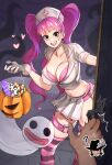  1girl absurdres breasts candy collar collarbone earrings food ghost halloween highres jewelry joy_boy lips long_hair one_piece perona pink_hair skirt smile spiked_collar spikes teeth twintails 