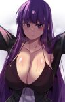  1girl absurdres alternate_breast_size armpit_peek armpits black_nightgown black_shirt breasts camisole cleavage closed_mouth collarbone cut_bangs fern_(sousou_no_frieren) highres hinghoi huge_breasts nightgown open_clothes open_shirt purple_eyes purple_hair purple_pupils reaching reaching_towards_viewer shirt solo sousou_no_frieren straight_hair upper_body 