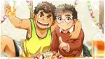  2boys ^_^ absurdres aged_down birthday blush brown_hair cake closed_eyes cup dark-skinned_male dark_skin feet_out_of_frame food forked_eyebrows glasses green_tank_top highres holding holding_cup kontahsm looking_at_viewer male_focus motoori_shiro multiple_boys rimless_eyewear shorts sideburns smile takabushi_kengo tank_top thick_eyebrows tokyo_afterschool_summoners 