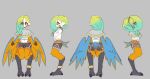  1girl absurdres animal_ears anklet bird_ears bird_legs bird_tail black_shorts blonde_hair blue_feathers blush braid breasts colored_skin commentary feathered_wings feathers gradient_hair green_hair grey_background grey_poncho harpy highres jewelry long_hair mako_(eogks) medium_breasts monster_girl multicolored_hair navel nn_(eogks) orange_feathers original poncho reference_sheet shorts simple_background tail tail_feathers talons two-tone_wings white_skin winged_arms wings 