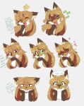  anthro averi_(fiddleafox) blush bored brown_body brown_eyes brown_fur canid canine confession dialogue expression_sheet expressions female fiddleafox fox fur green_eyes hi_res laugh lustful_gaze mammal maniacal_laughing narrowed_eyes romantic simple_background solo talking_to_viewer unimpressed 
