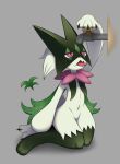  absurd_res ambiguous_gender anthro biped fur generation_9_pokemon green_body green_fur grey_background hi_res kalu_(pixiv) kneeling meowscarada navel nintendo pink_body pink_eyes pokemon pokemon_(species) simple_background solo tongue tongue_out 