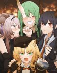  4girls :d :o animal_ear_fluff animal_ears arknights arm_around_neck artist_name black_gloves black_hair black_headwear black_jacket blonde_hair blurry blurry_background brown_eyes brown_necktie can ch&#039;en_(arknights) clenched_teeth collared_shirt commentary depth_of_field dragon_horns dress_shirt english_commentary fang fingerless_gloves gloves green_eyes green_hair grin hair_between_eyes hands_up hat highres holding holding_can horns hoshiguma_(arknights) jacket lexielex lin_(arknights) long_hair looking_at_viewer multiple_girls necktie oni oni_horns open_clothes open_jacket parted_bangs parted_lips peaked_cap shirt signature single_horn smile swire_(arknights) teeth tiger_ears tilted_headwear upper_body white_shirt 