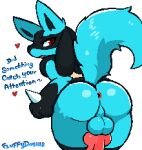  anthro anus balls butt digital_media_(artwork) fluffydasher generation_4_pokemon genitals knot lucario male nintendo pixel_(artwork) pokemon pokemon_(species) simple_background solo text thick_thighs white_background 