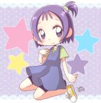  1girl blush commentary_request dress full_body green_shirt hand_up hiyopuko looking_at_viewer ojamajo_doremi one_side_up pinafore_dress polka_dot polka_dot_background purple_dress purple_eyes purple_hair purple_shorts segawa_onpu shirt shoes short_hair short_sleeves shorts sitting sleeveless sleeveless_dress smile sneakers solo star_(symbol) t-shirt yellow_footwear 