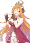  1girl alternate_costume blush breasts cleavage closed_mouth collarbone commentary_request crown fingerless_gloves gloves heart heart_hands highres maxwelzy medium_breasts open_mouth orange_hair pecorine_(princess_connect!) princess_connect! simple_background solo white_background 