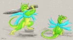  2023 bow_ribbon claws diamondbackdrake dragon dungeons_and_dragons feral green_body green_scales hasbro hi_res knife looking_at_viewer looking_back male multicolored_body multicolored_scales multiple_poses pebbles_(diamondbackdrake) pose red_eyes scales signature simple_background sitting solo standing tail tan_background two_tone_body two_tone_scales weapon wielding_weapon wingless_dragon wizards_of_the_coast yellow_body yellow_scales 